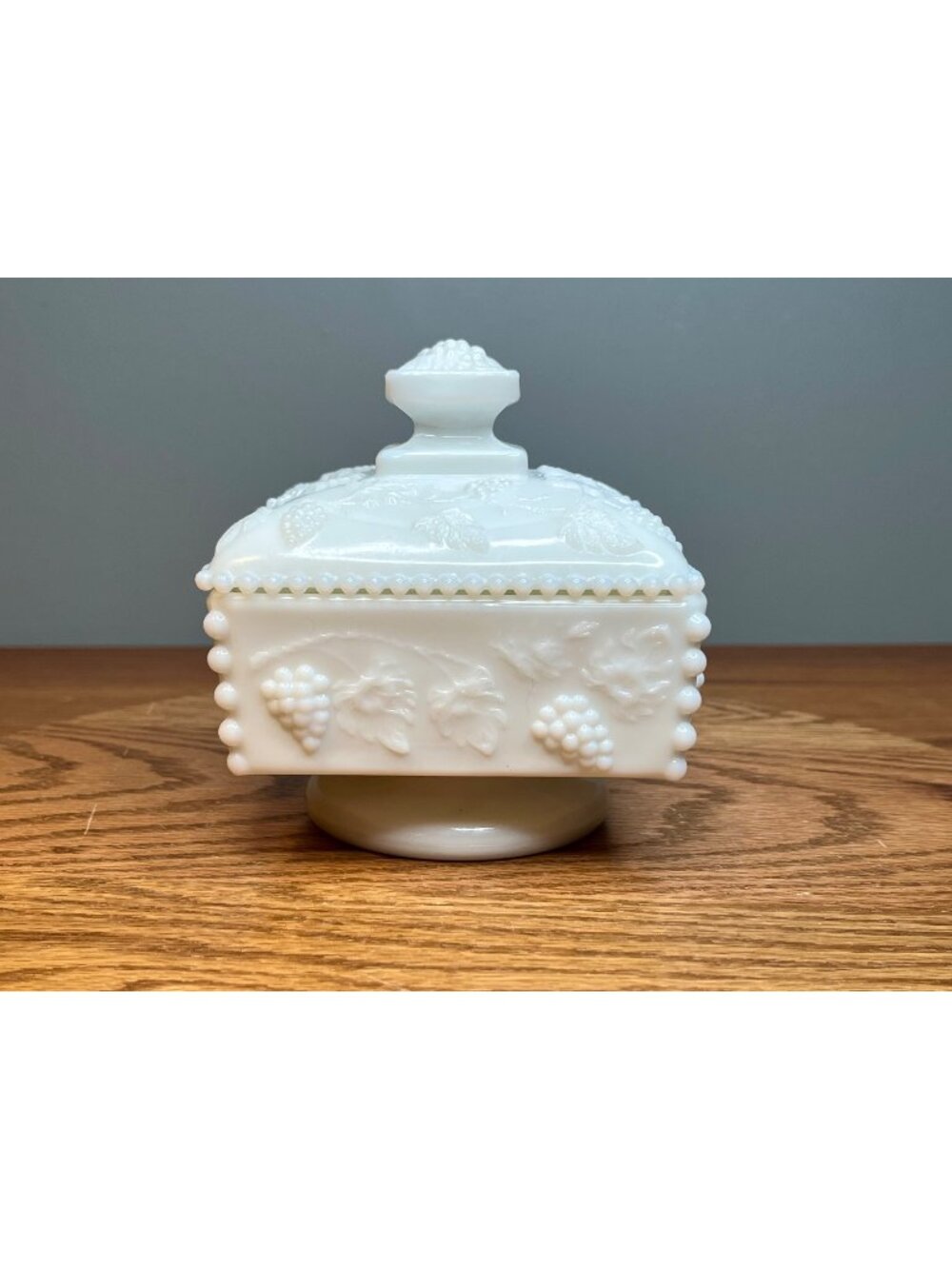 Beaded Honey Dish & Lid Paneled Grape Milk Glass by Westmoreland